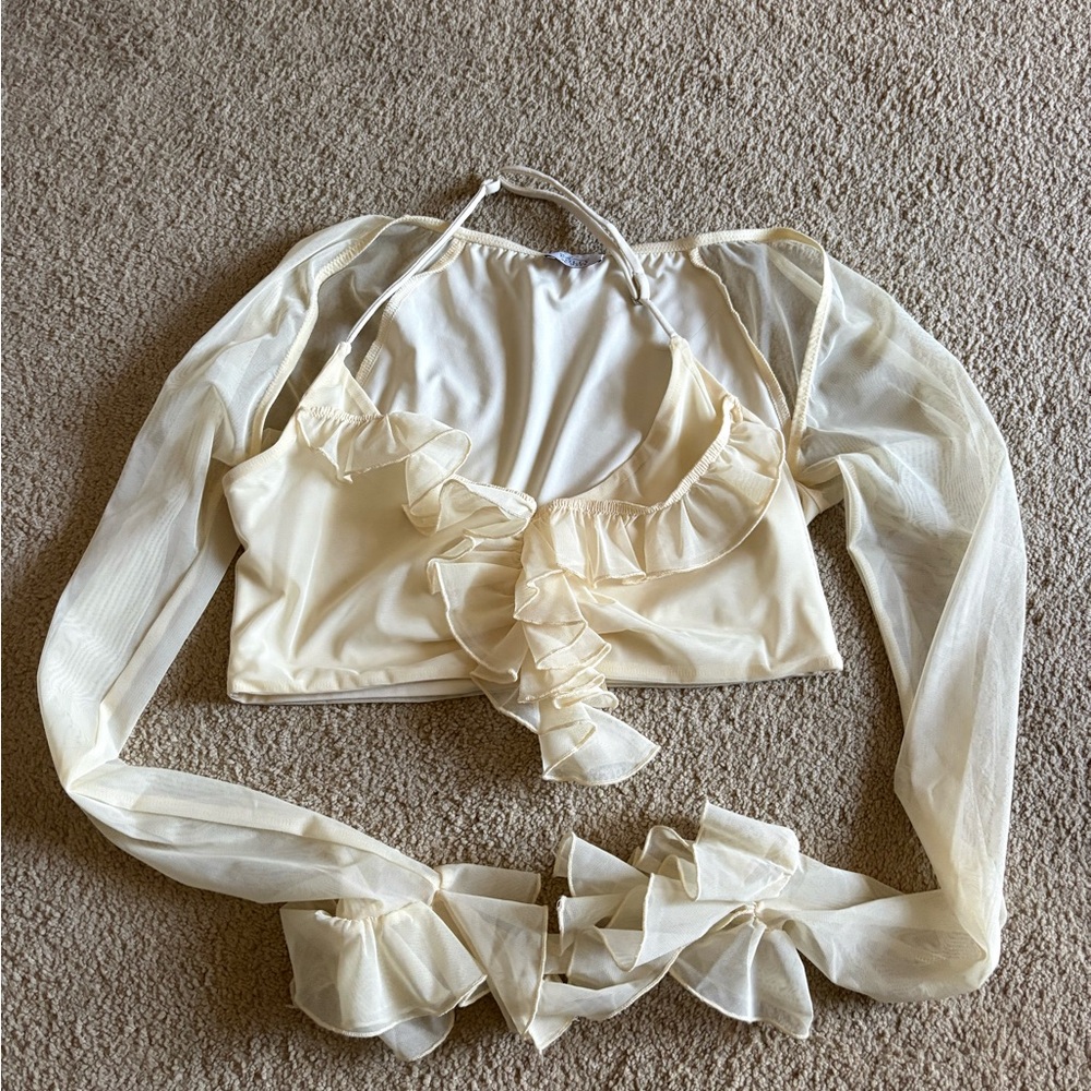 Oh Polly Cream Ruffle Mesh Long-Sleeve Crop Top